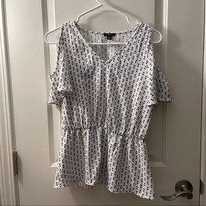 Ann Taylor Small Petite Off shoulder blouse, white and blue